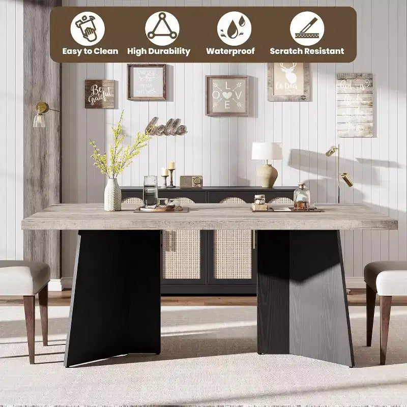 Table de salle à manger longue et moderne avec grand plateau et pieds à piédestal robustes