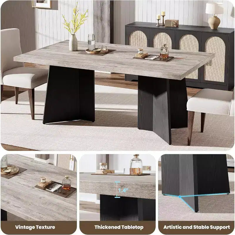 Table de salle à manger longue et moderne avec grand plateau et pieds à piédestal robustes