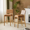 ModernLuxe Rubberwood Barstool 2 pcs PU Upholstered Dining Chairs with Footrest Natural Finished Frame with Brown Upholstery