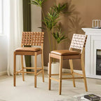 ModernLuxe Rubberwood Barstool 2 pcs PU Upholstered Dining Chairs with Footrest Natural Finished Frame with Brown Upholstery