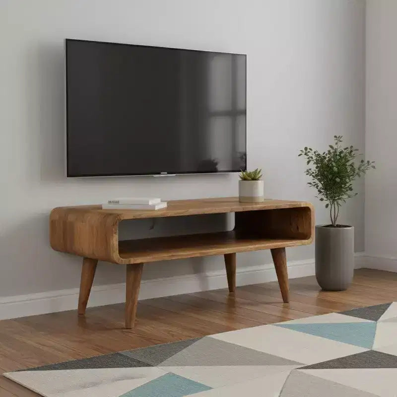 Meuble TV ouvert en bois massif marron avec étagères