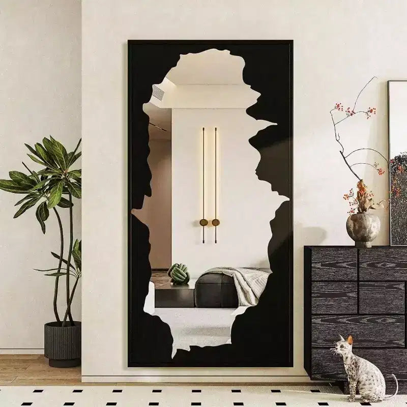 Abstract Black Full-Length Mirror 55x28 Inches. Shatterproof Stand or Wall Mount for Bedroom Living Room Bathroom Decor