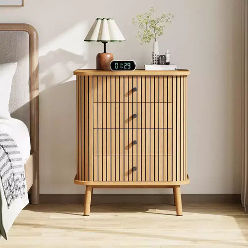 4 Drawer Dresser Mid Century Modern Nightstand with Sliding Door Storage Side Table Chest of Drawers for Bedroom Living Room Hallway Entryway
