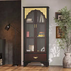 Famapy Dark Brown Ornate Storage Cabinet Glass-Door Display + Bottom Drawer