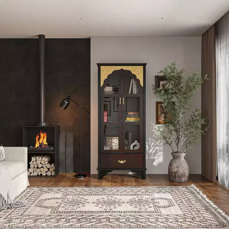 Vitrine Brun Foncé Ornée avec Porte Vitrée + Tiroir Bas de Rangement