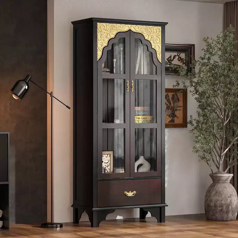 Vitrine Brun Foncé Ornée avec Porte Vitrée + Tiroir Bas de Rangement