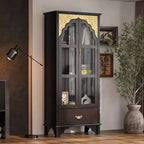 Vitrine Brun Foncé Ornée avec Porte Vitrée + Tiroir Bas de Rangement