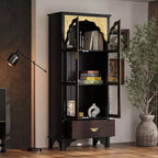 Vitrine Brun Foncé Ornée avec Porte Vitrée + Tiroir Bas de Rangement