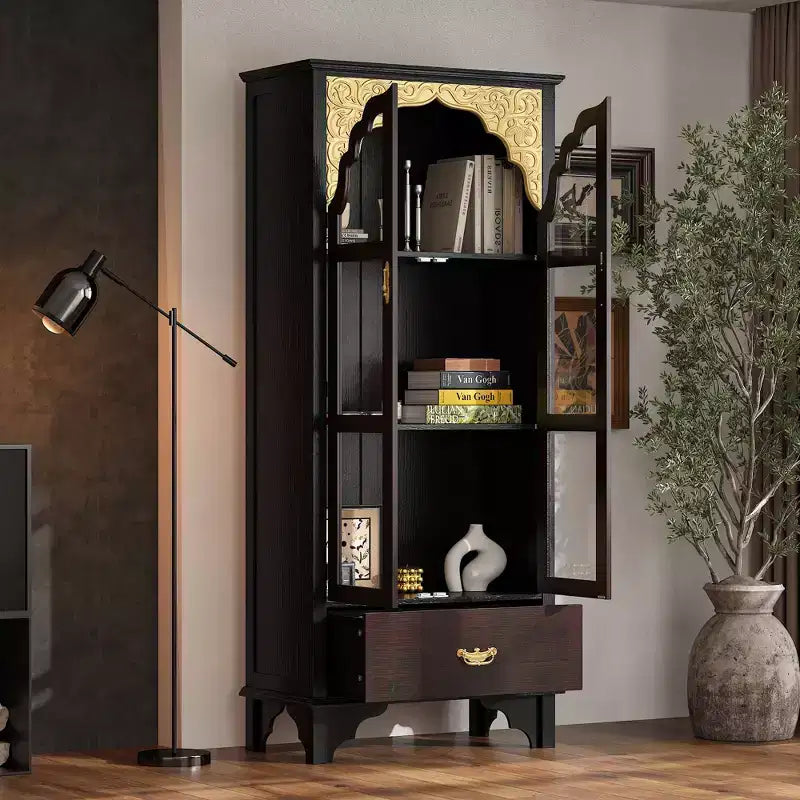 Vitrine Brun Foncé Ornée avec Porte Vitrée + Tiroir Bas de Rangement