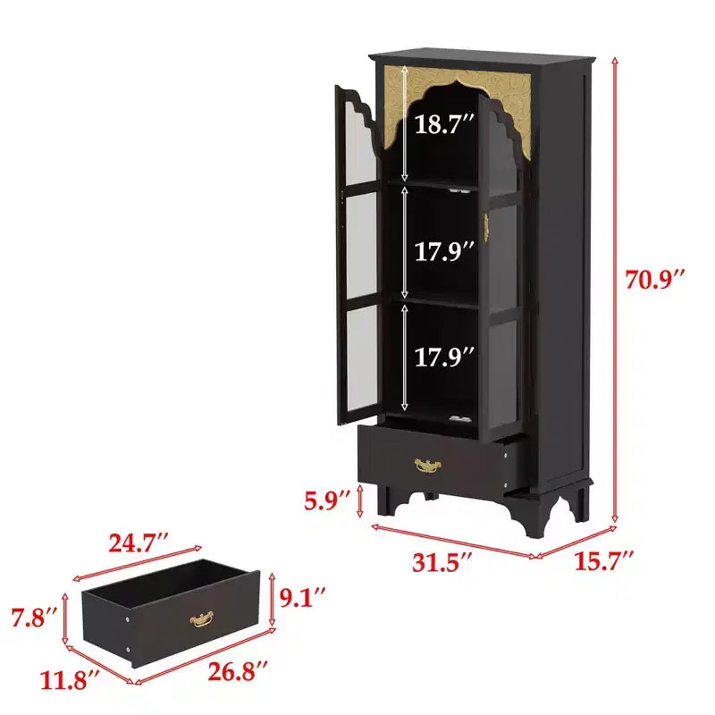 Vitrine Brun Foncé Ornée avec Porte Vitrée + Tiroir Bas de Rangement