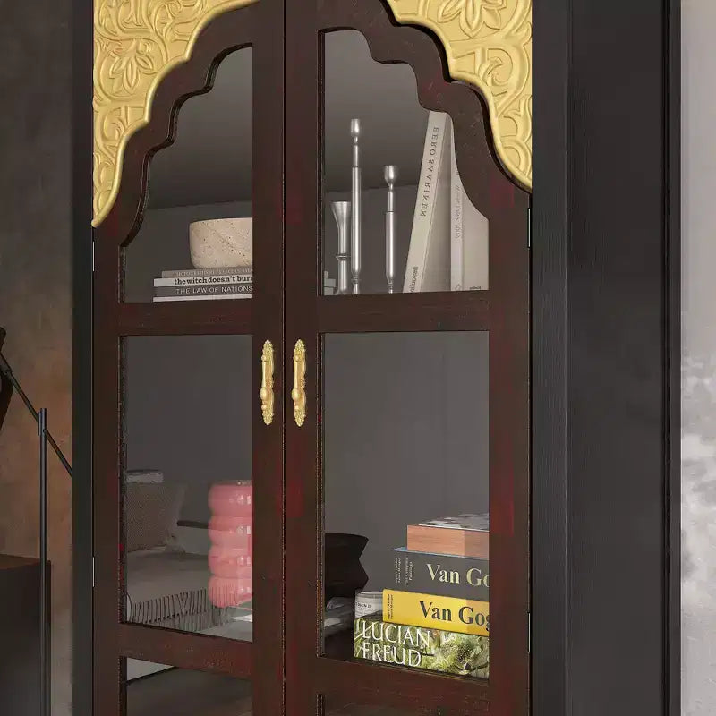 Vitrine Brun Foncé Ornée avec Porte Vitrée + Tiroir Bas de Rangement