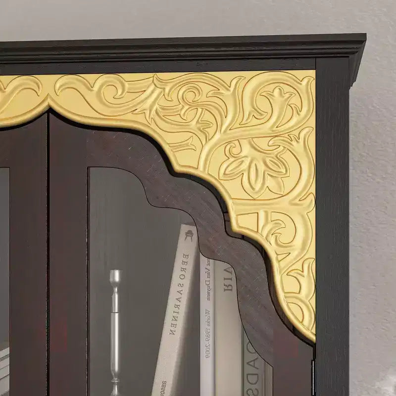 Vitrine Brun Foncé Ornée avec Porte Vitrée + Tiroir Bas de Rangement