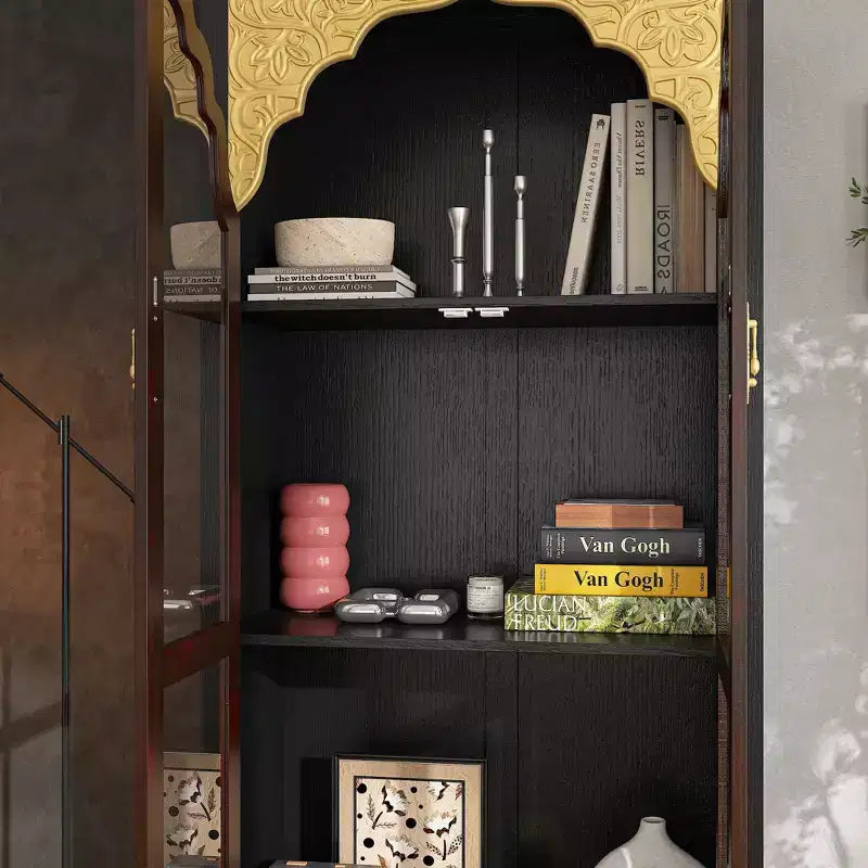 Vitrine Brun Foncé Ornée avec Porte Vitrée + Tiroir Bas de Rangement