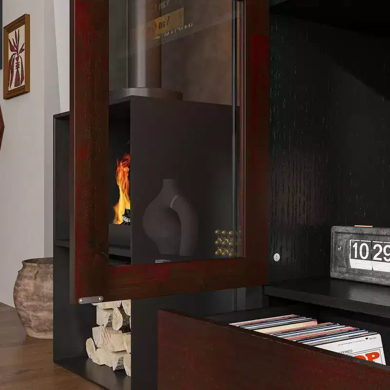Vitrine Brun Foncé Ornée avec Porte Vitrée + Tiroir Bas de Rangement