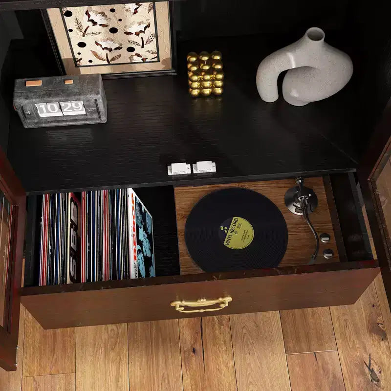Vitrine Brun Foncé Ornée avec Porte Vitrée + Tiroir Bas de Rangement