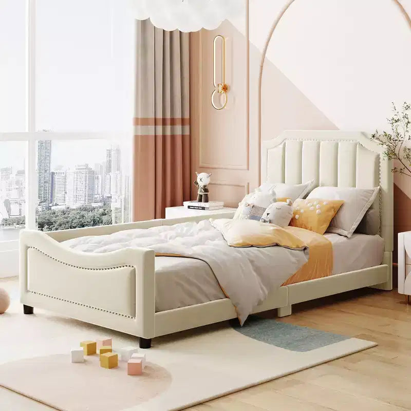 Bellemave Twin Daybed with Upholstered Stripe Headboard Beige Sturdy Wood Frame Modern Elegant Design Perfect for Kids or Guest Room