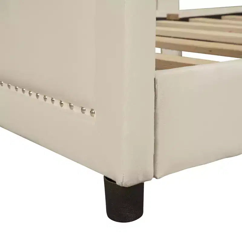 Banquette-lit avec tête de lit capitonnée à rayures Beige Cadre en bois robuste Moderne