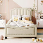 Banquette-lit avec tête de lit capitonnée à rayures Beige Cadre en bois robuste Moderne
