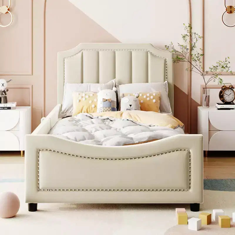 Banquette-lit avec tête de lit capitonnée à rayures Beige Cadre en bois robuste Moderne