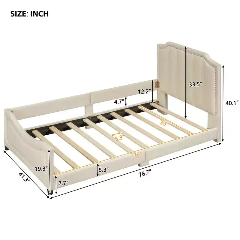 Banquette-lit avec tête de lit capitonnée à rayures Beige Cadre en bois robuste Moderne