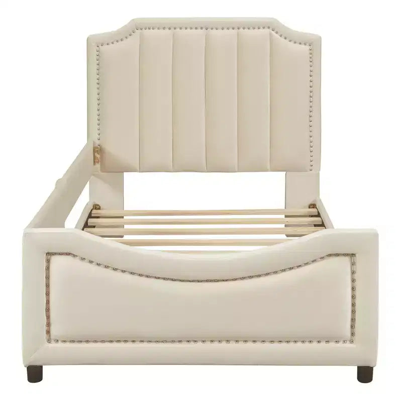 Banquette-lit avec tête de lit capitonnée à rayures Beige Cadre en bois robuste Moderne