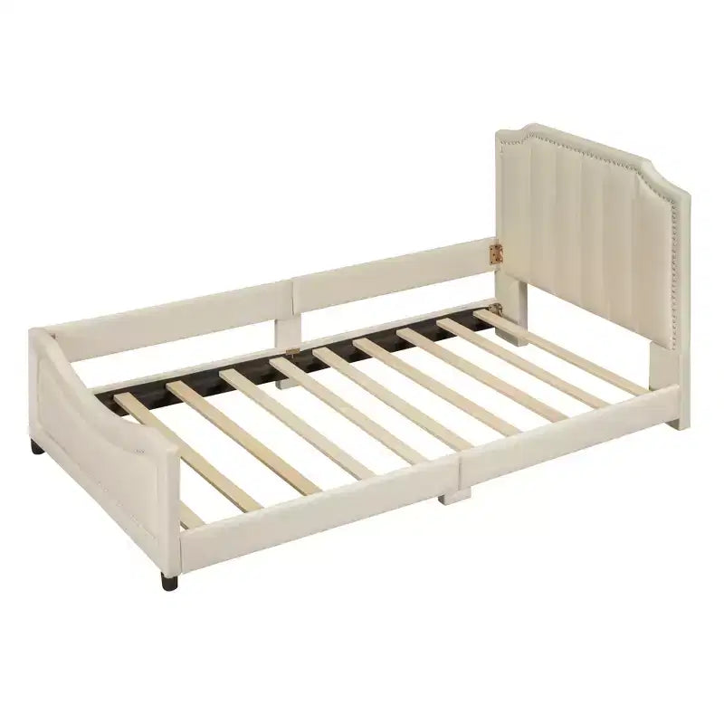 Banquette-lit avec tête de lit capitonnée à rayures Beige Cadre en bois robuste Moderne