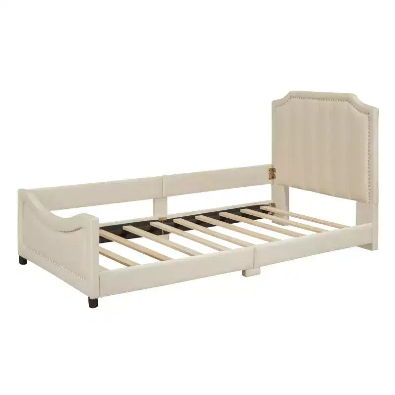 Banquette-lit avec tête de lit capitonnée à rayures Beige Cadre en bois robuste Moderne