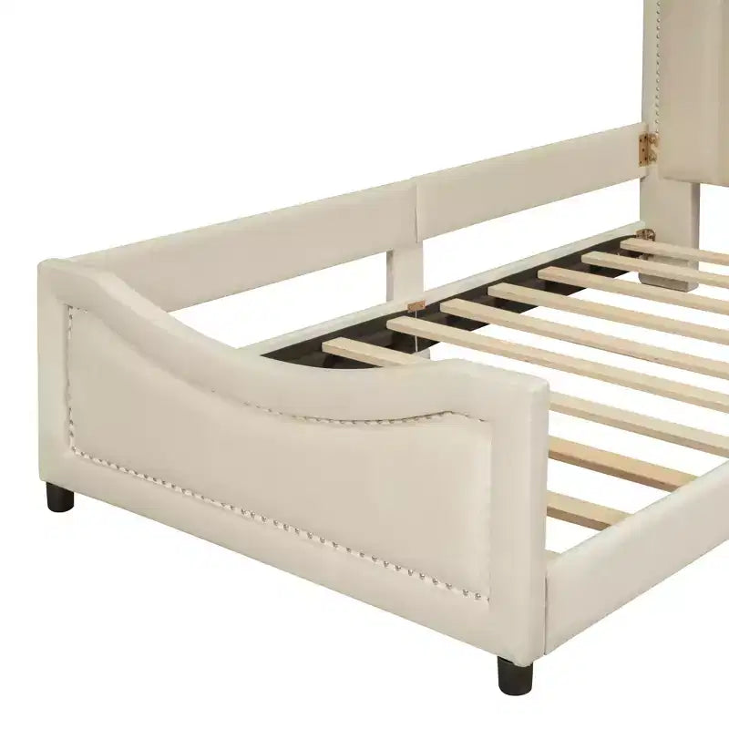 Banquette-lit avec tête de lit capitonnée à rayures Beige Cadre en bois robuste Moderne