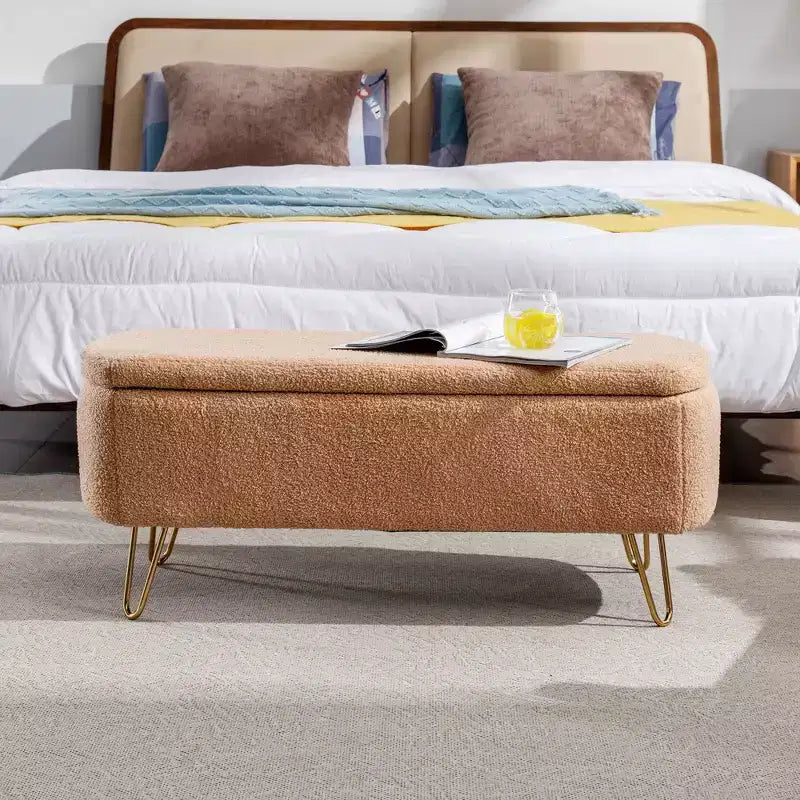Banc de rangement en fausse fourrure capitonné, moderne, pour le bout de lit ou l'entrée