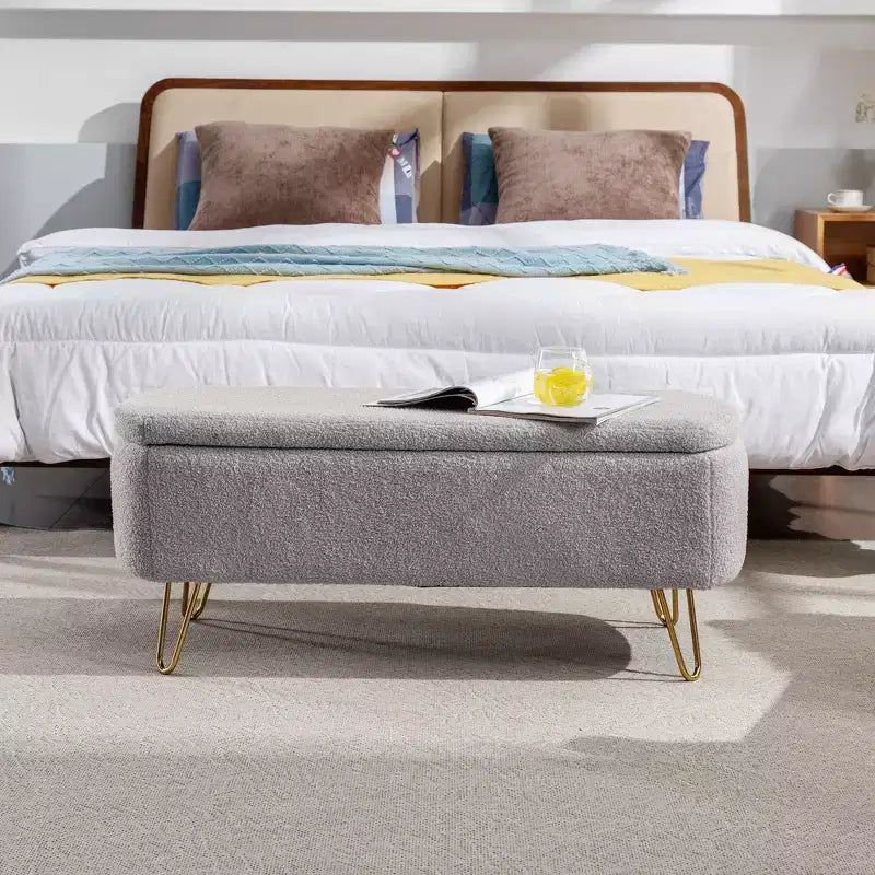 Banc de rangement en fausse fourrure capitonné, moderne, pour le bout de lit ou l'entrée