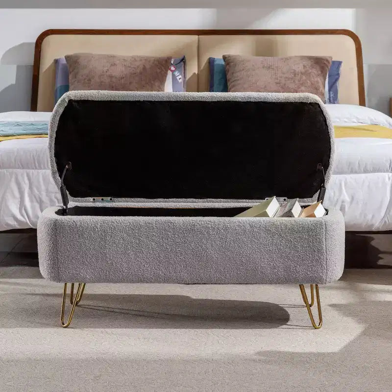Banc de rangement en fausse fourrure capitonné, moderne, pour le bout de lit ou l'entrée