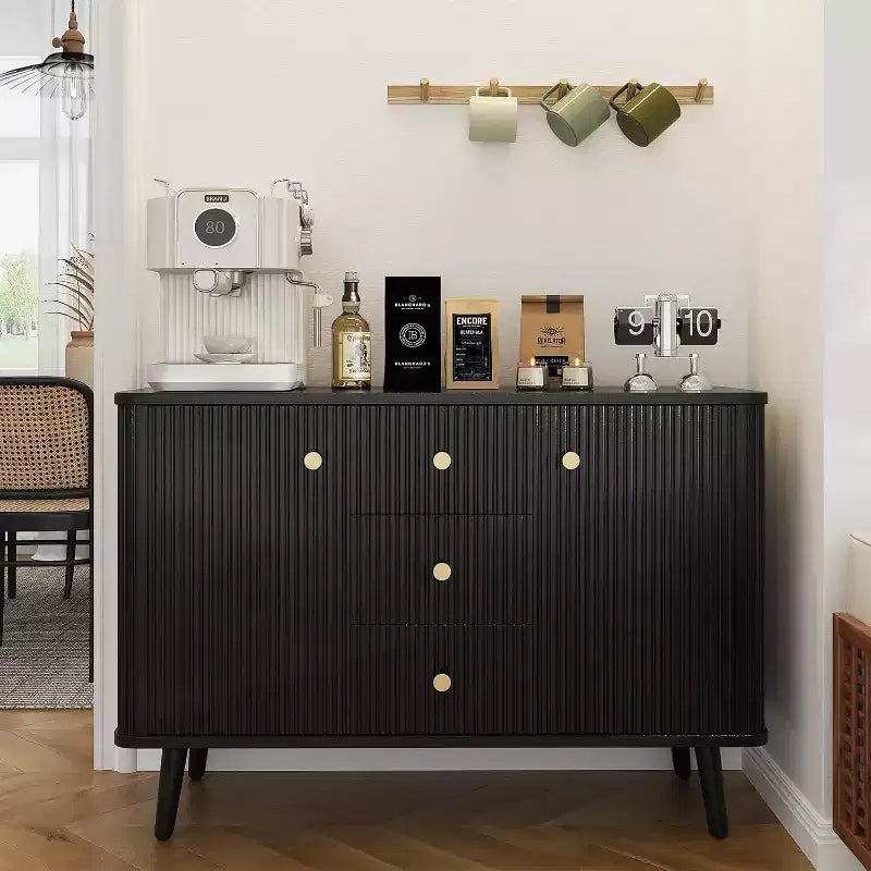 Acekool Black 47in Modern Sideboard Buffet Cabinet Fluted Storage Cabinet with Drawers & Adjustable Shelves for Dining Room