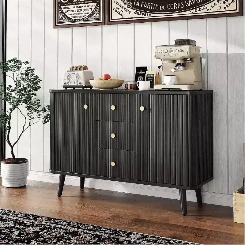 Buffet bahut moderne noir, meuble de rangement cannelé avec tiroirs