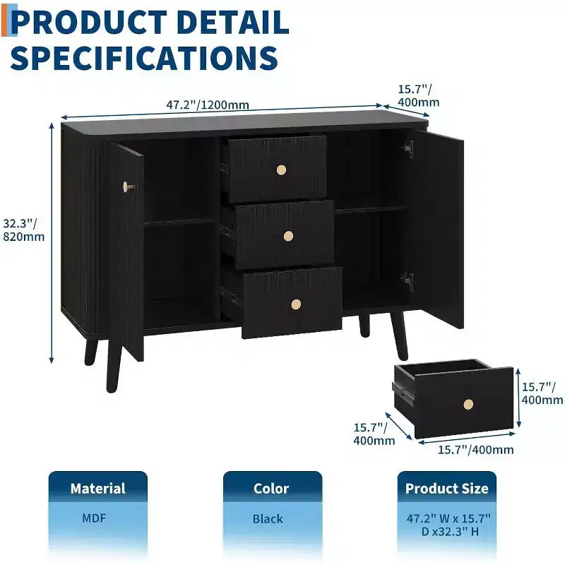 Buffet bahut moderne noir, meuble de rangement cannelé avec tiroirs