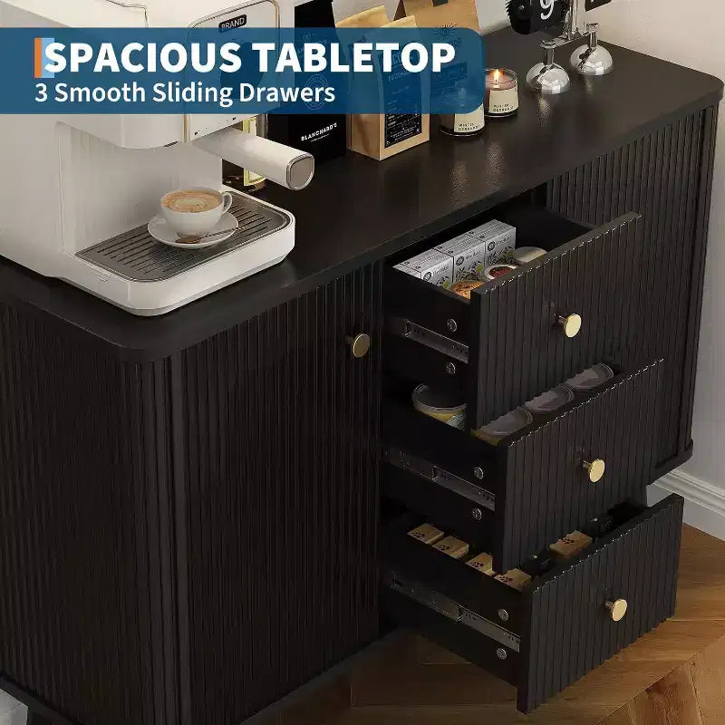 Buffet bahut moderne noir, meuble de rangement cannelé avec tiroirs