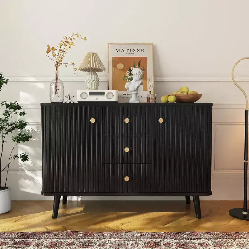 Buffet bahut moderne noir, meuble de rangement cannelé avec tiroirs