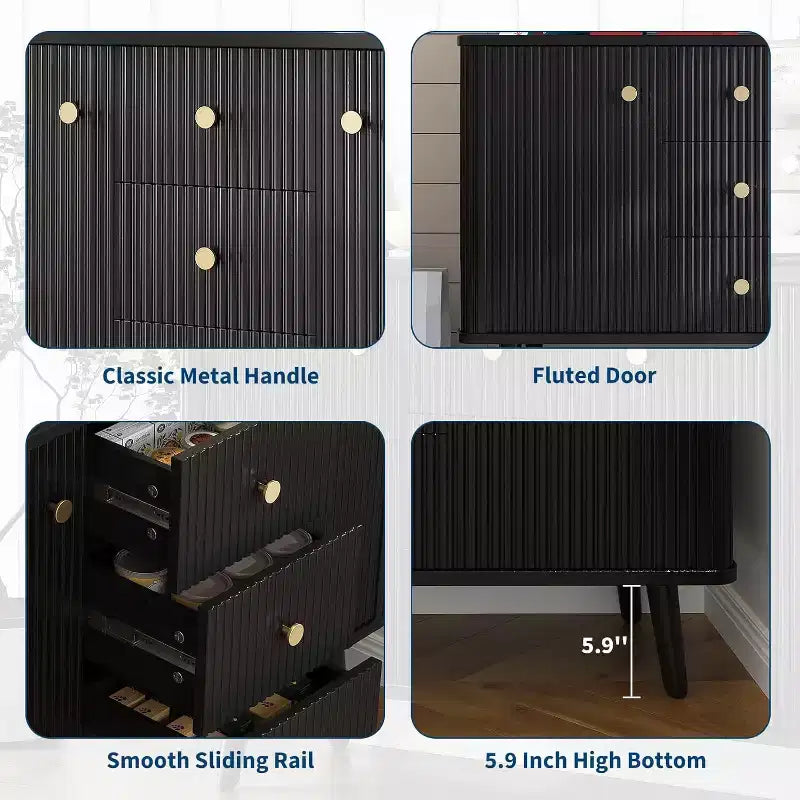Buffet bahut moderne noir, meuble de rangement cannelé avec tiroirs