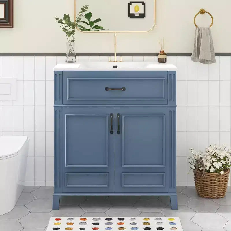 30 Bathroom Vanity Sink Combo Bathroom Storage Cabinet with Drawers Single Sink Bathroom Vanity with Soft Closing Doors Blue