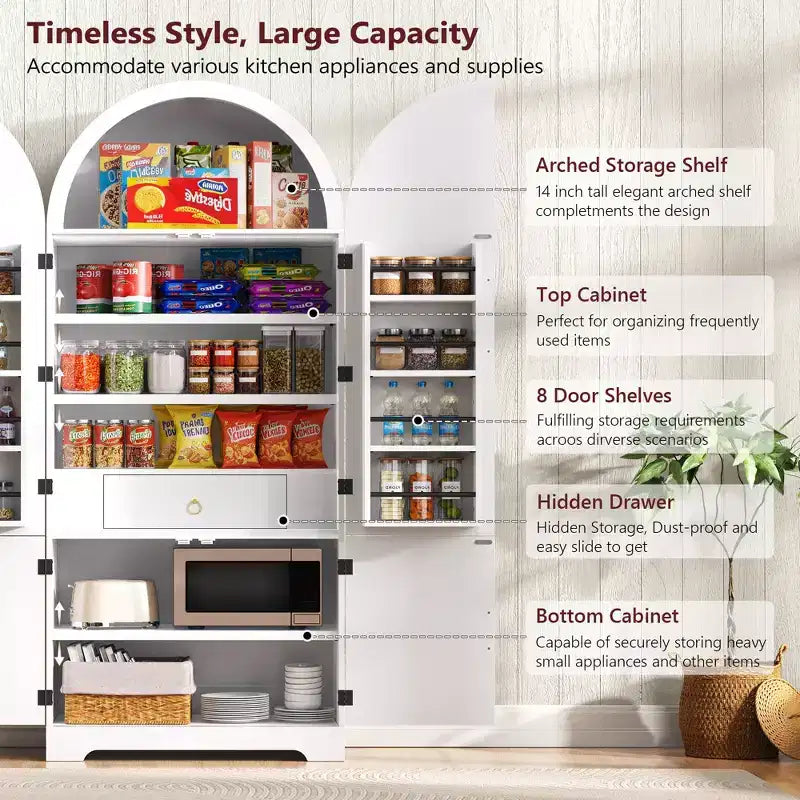 Grand meuble de garde-manger de cuisine cannelé à design arqué avec 8 étagères de porte et 3 étagères réglables