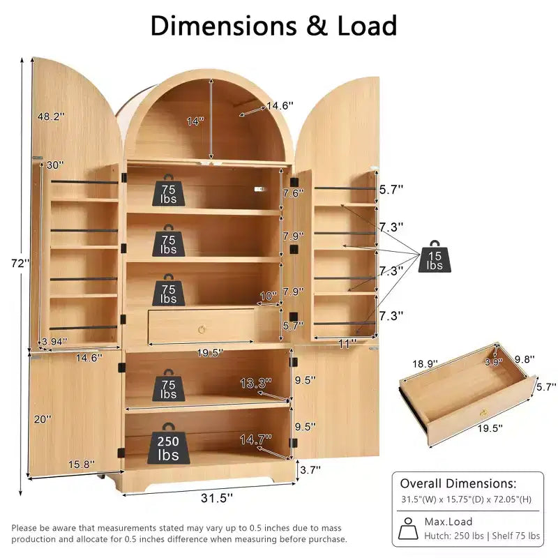 Grand meuble de garde-manger de cuisine cannelé à design arqué avec 8 étagères de porte et 3 étagères réglables