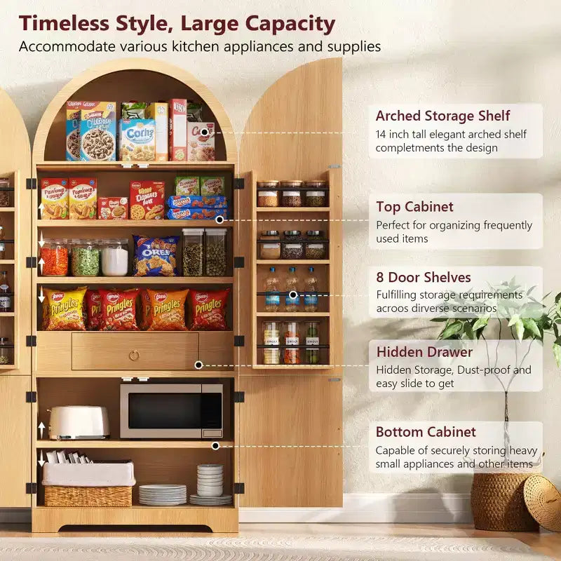 Grand meuble de garde-manger de cuisine cannelé à design arqué avec 8 étagères de porte et 3 étagères réglables
