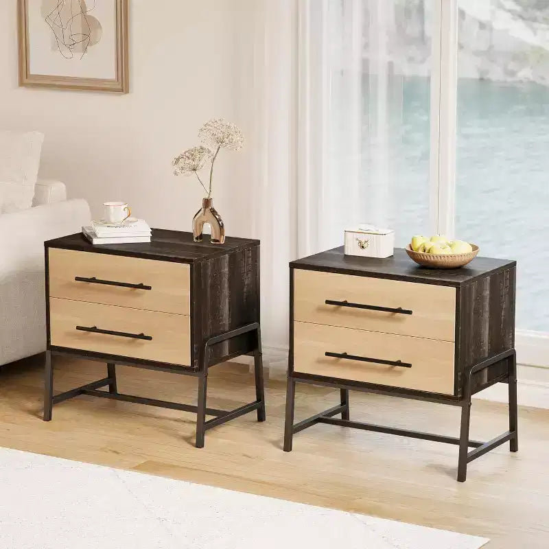 Table de chevet rustique marron foncé et tiroir en bois, 2 tiroirs