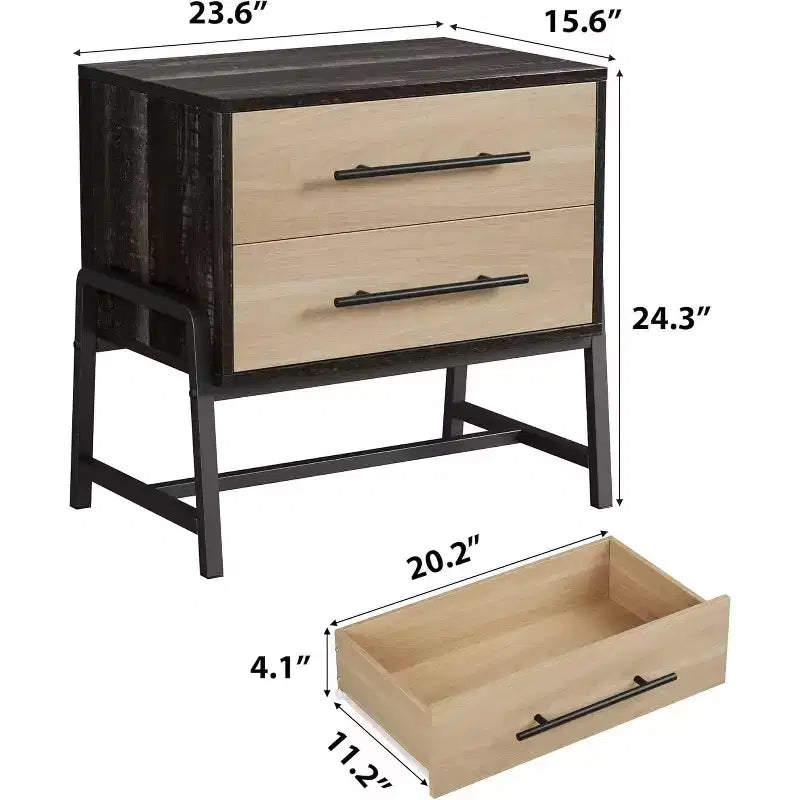 Table de chevet rustique marron foncé et tiroir en bois, 2 tiroirs