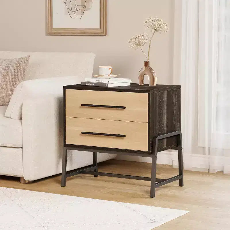 Table de chevet rustique marron foncé et tiroir en bois, 2 tiroirs