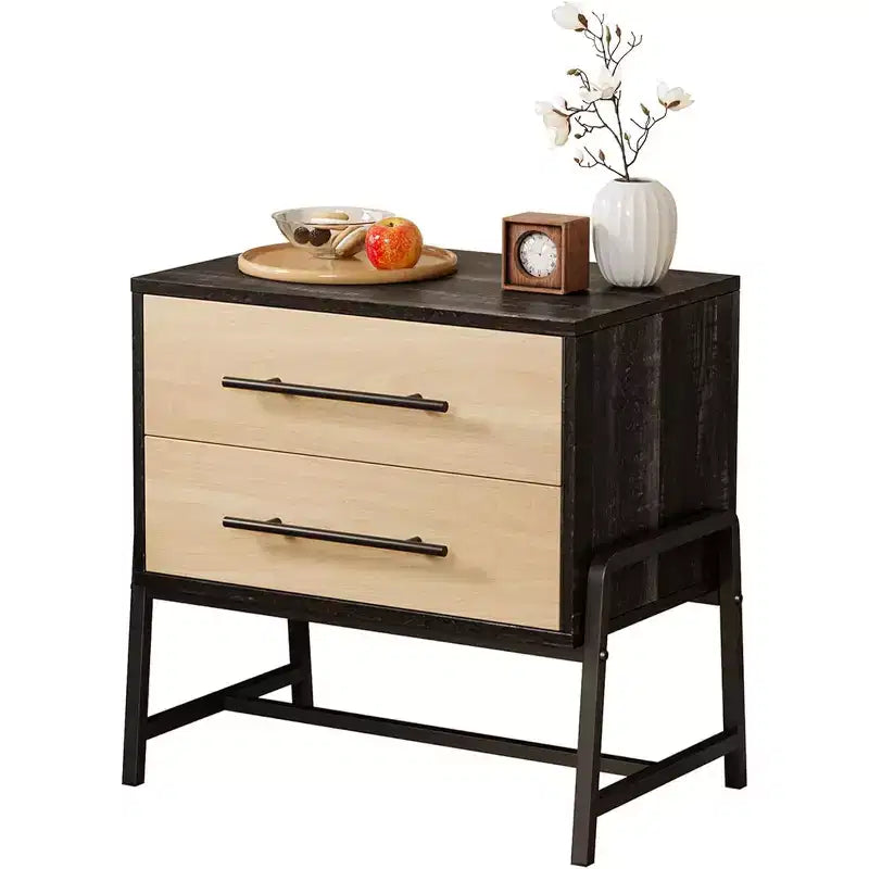 Table de chevet rustique marron foncé et tiroir en bois, 2 tiroirs