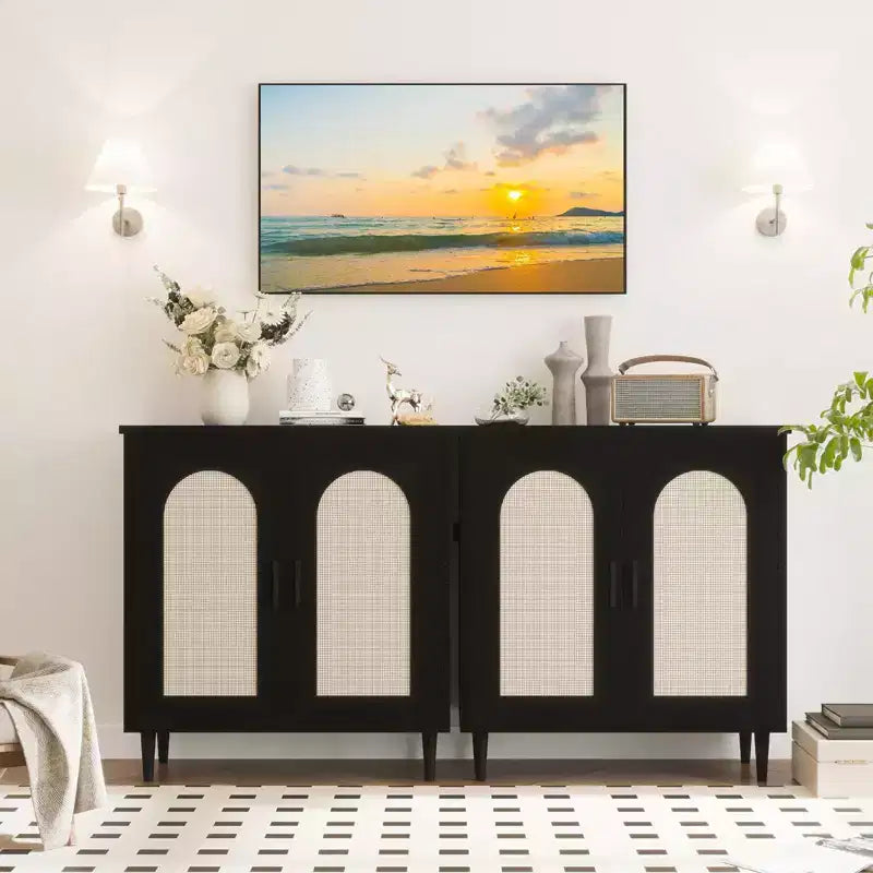 Set of 2 Rattan Sideboard Buffet Cabinets Farmhouse Storage with Adjustable Shelves for Dining/Living Room/Entryway