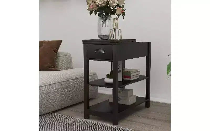 TUYOHW Retro Narrow Side Table with 180 Open Storage Cabinet Bedroom Nightstand with Bottom Shelf Sturdy MDF End Table for Living Room