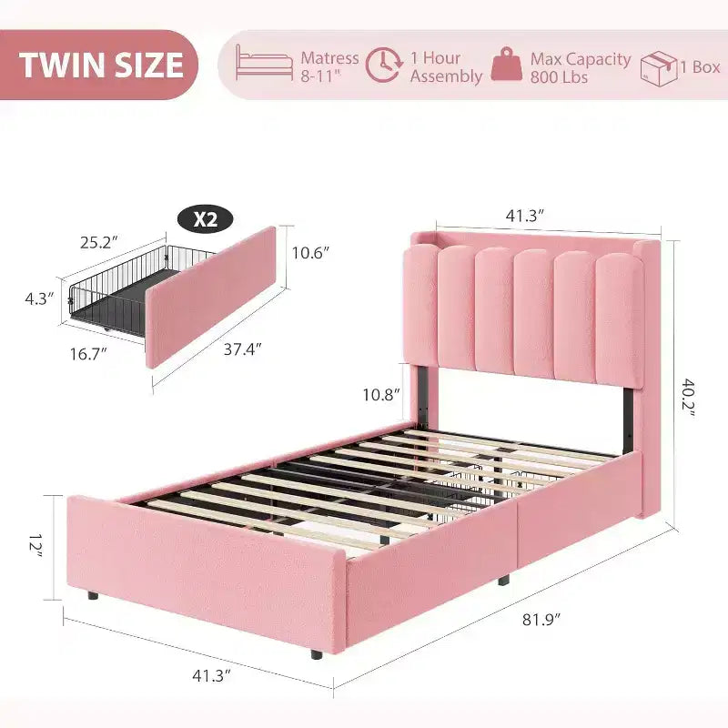 Lit plateforme avec tête de lit de rangement en tissu bouclé pour enfant