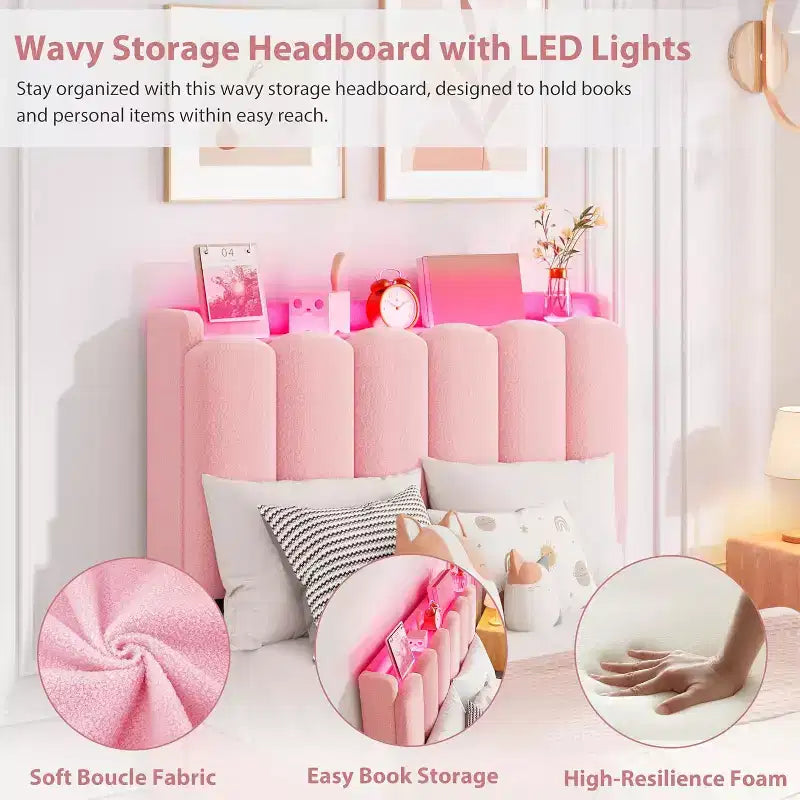 Lit plateforme avec tête de lit de rangement en tissu bouclé pour enfant