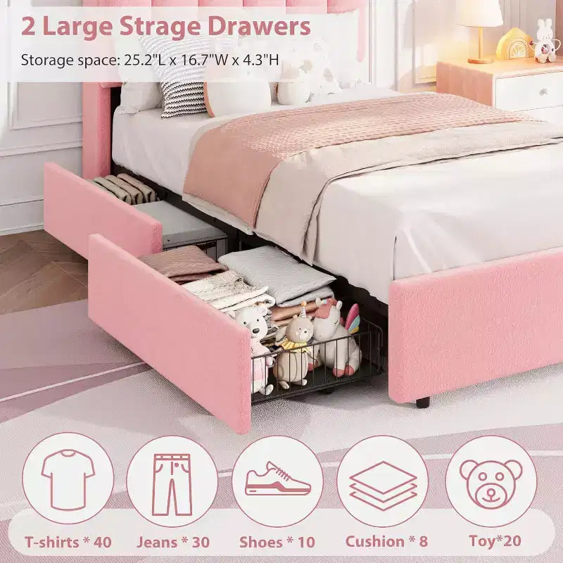 Lit plateforme avec tête de lit de rangement en tissu bouclé pour enfant